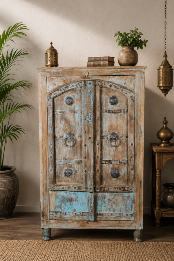 Handcrafted Reclaimed Wood Door Panel Almirah Cabinet