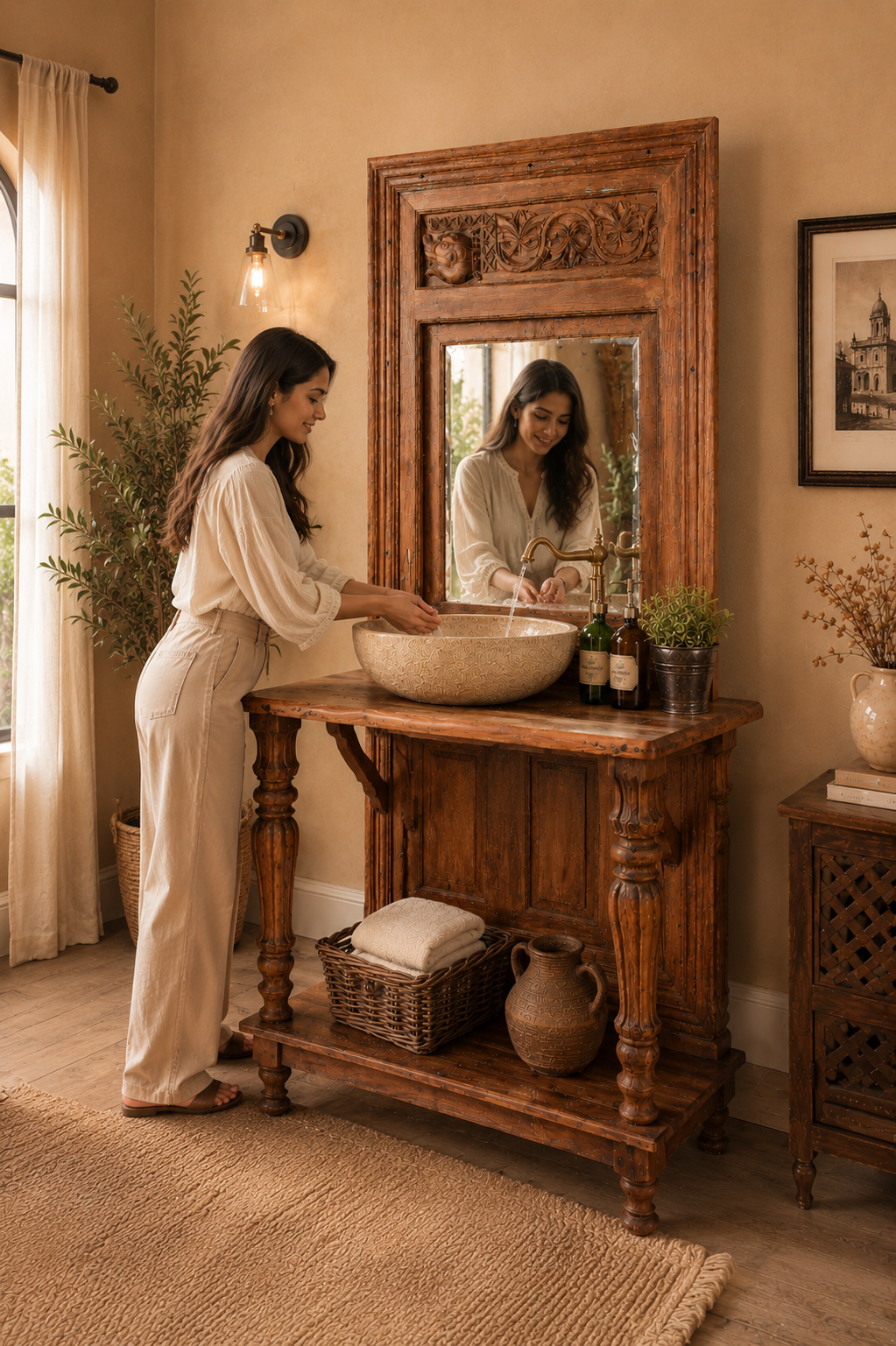Vintage Wooden Wash Basin Vanity with Mirror