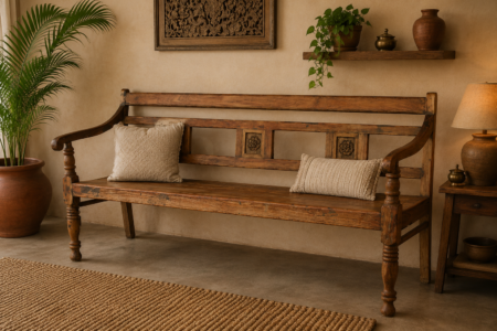Vintage Solid Wood Rustic Bench | Handcrafted Antique Wooden Seating