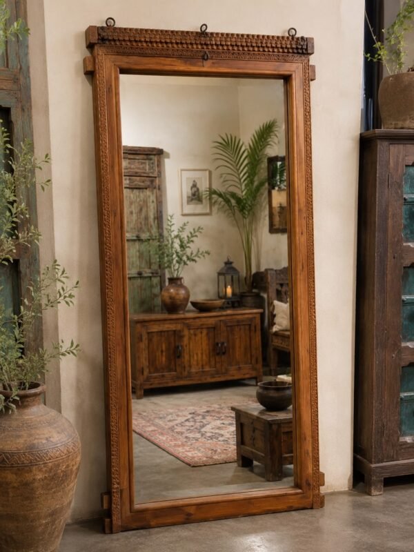 Vintage Solid Teak Wood Full Length Mirror | Handcrafted Antique Frame