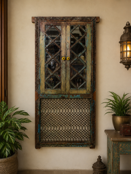 Vintage Reclaimed Wood Wall Cabinet with Glass Doors | Rustic Hanging Storage Cabinet
