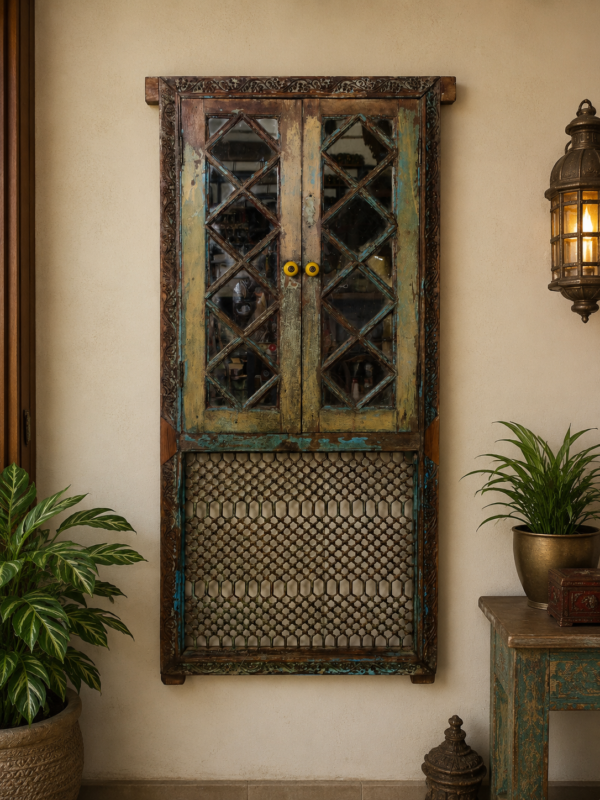 Vintage Reclaimed Wood Wall Cabinet with Glass Doors | Rustic Hanging Storage Cabinet