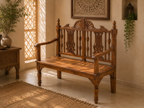 Traditional Hand-Carved Teak Wood Bench2
