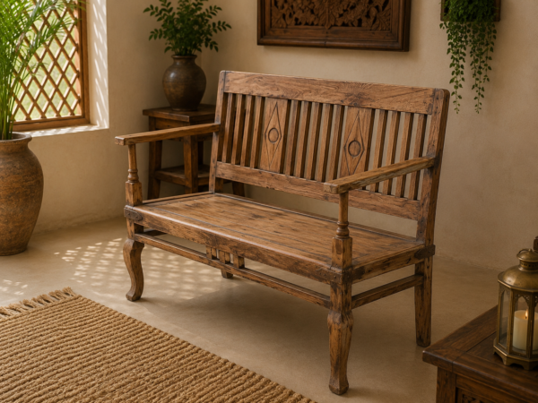 Handcrafted Vintage Solid Teak Wood Two-Seater Bench