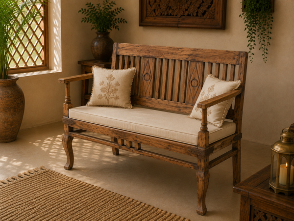 Handcrafted Vintage Solid Teak Wood Two-Seater Bench1