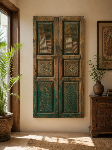 Antique Indian Distressed Wooden Door Panels Wall Art1