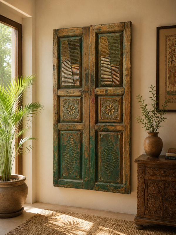 Antique Indian Distressed Wooden Door Panels Wall Art