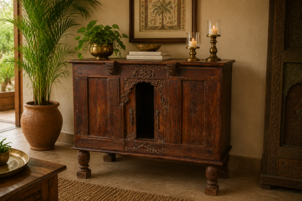 Title: Antique Indian Carved Wooden Sideboard Cabinet (43 x 36") 1