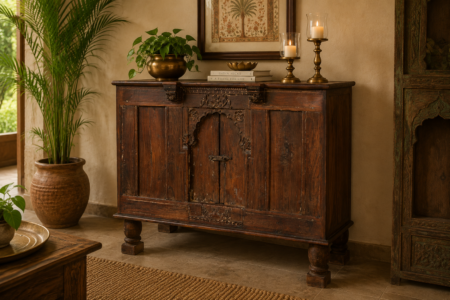 Title: Antique Indian Carved Wooden Sideboard Cabinet (43 x 36")