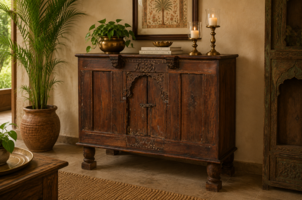 Title: Antique Indian Carved Wooden Sideboard Cabinet (43 x 36")