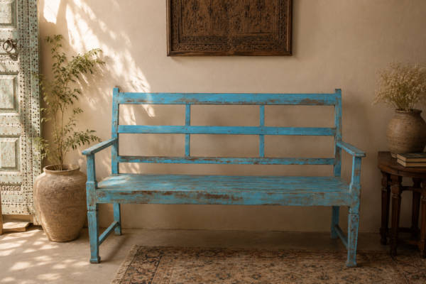 Vintage Distressed Blue Wooden Bench 1