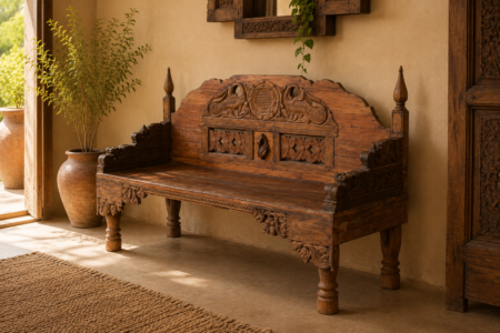 Vintage Solid Wood Carved Bench