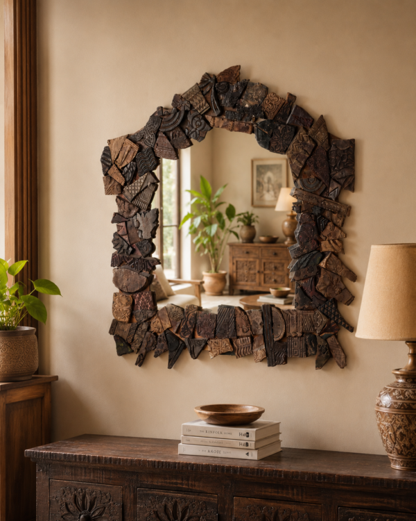Handcrafted Reclaimed Wood Patchwork Wall Mirror – Rustic Vintage Decor