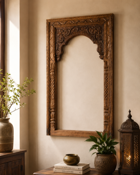 Handcrafted Carved Wooden Arch Wall Frame | Vintage Rustic Solid Wood Decorative Wall Accent | Traditional Moroccan Style