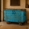 Vintage Blue Wooden Dhamchiya Storage Chest