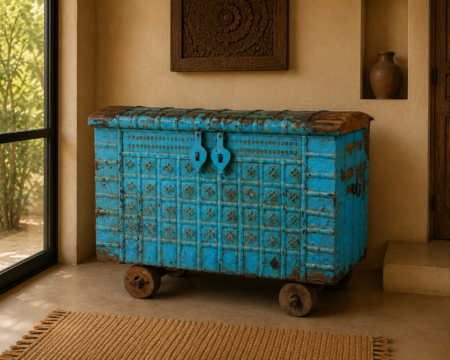Vintage Blue Wooden Dhamchiya Storage Chest