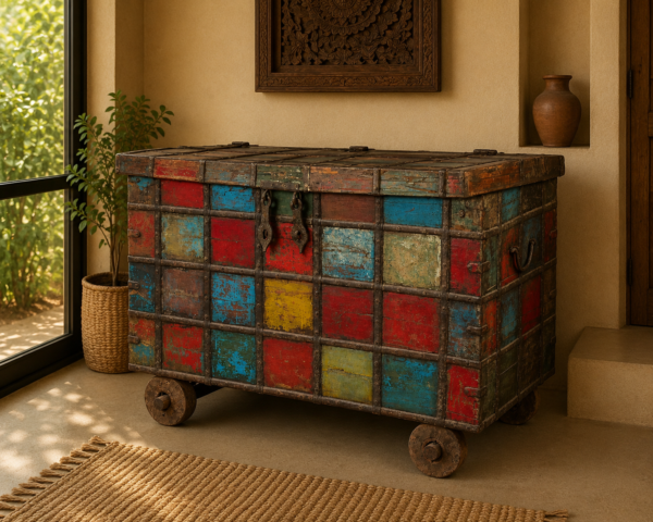 Vintage Multicolor Wooden Dhamchiya Storage Chest