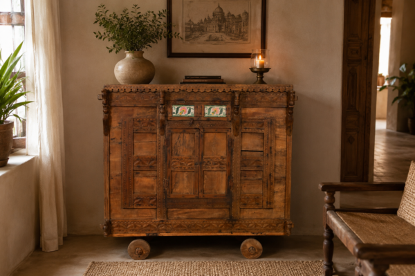 Handcrafted Vintage Indian Solid Wood Storage Cabinet on Wooden Wheels