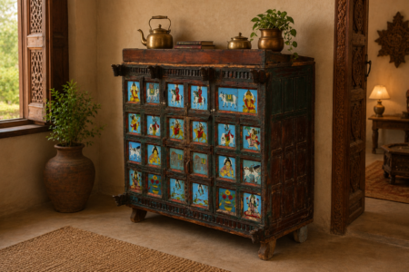 Handcrafted Vintage Indian Storage Cabinet | Hand-Painted Wooden Sideboard with Doors (48" x 24" x 49")
