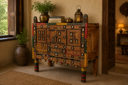 Handcrafted Vintage Indian Damchiya Storage Cabinet | Solid Wood Hand-Painted Accent Console (48" x 47" x 14.5")