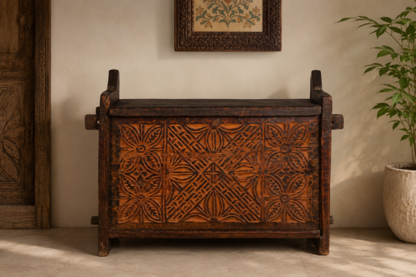 Hand-Carved Antique Solid Wood Storage Chest Trunk | Vintage Accent Box (40 x 16.5 x 32 Inches)