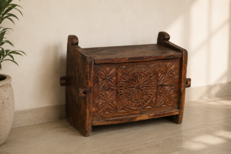 Antique Hand-Carved Wooden Storage Chest | Rustic Trunk Box