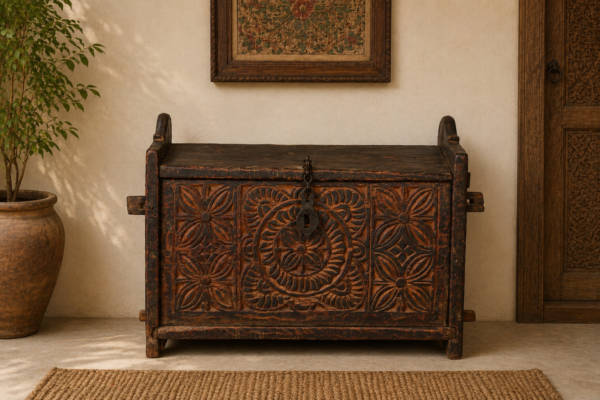 Vintage Hand-Carved Wooden Storage Chest / Blanket Box / Rustic Trunk