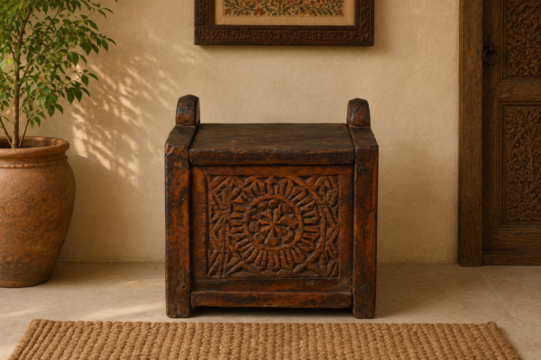 Antique Hand-Carved Wooden Storage Box Stool | Rustic Multipurpose Wooden Chest