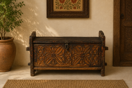 Vintage Hand-Carved Wooden Storage Chest Bench | Rustic Antique Blanket Box