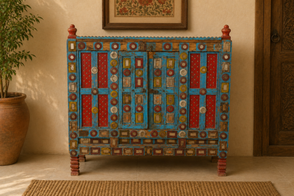 Vintage Handcrafted Multicolor Wooden Sideboard Cabinet | Distressed Blue & Red Storage Console