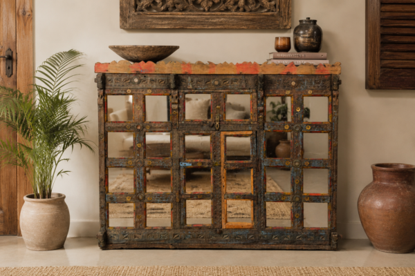 Handcrafted Vintage Mirror Sideboard Cabinet | Reclaimed Wood Rustic Storage Cabinet
