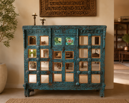 Handcrafted Blue Carved Wooden Sideboard Cabinet with Mirror Panels | Vintage Rustic Storage Console