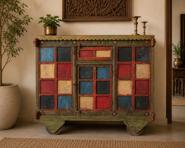 Vintage Multi-Color Wooden Dhamchiya Cabinet on Wheels