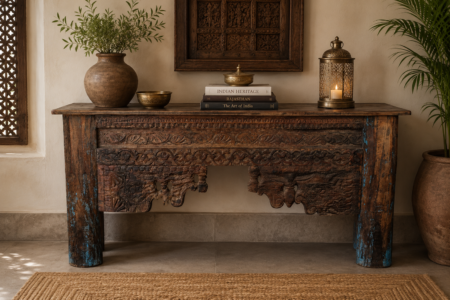 Reclaimed Antique Hand-Carved Wooden Console Table