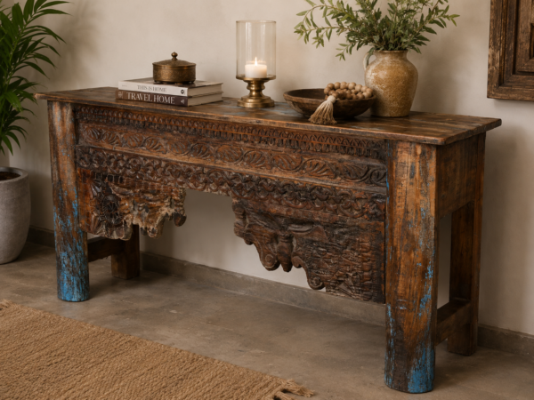 Reclaimed Antique Hand-Carved Wooden Console Table1