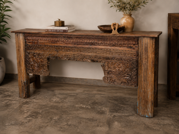 Hand Carved Wooden Console Table in Rustic Solid Wood with Traditional Floral Carvings for Entryway and Living Room1