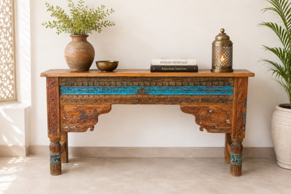 Hand Carved Rustic Console Table | Reclaimed Wood Entryway Table 59 Inch 1