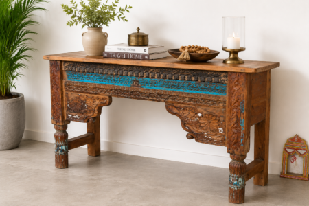 Hand Carved Rustic Console Table | Reclaimed Wood Entryway Table 59 Inch