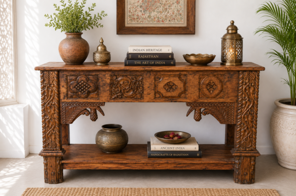 Hand Carved Wooden Console Table – Rustic Solid Wood Entryway, Hallway & Living Room Accent Table (54 x 37 x 19 Inches) 1