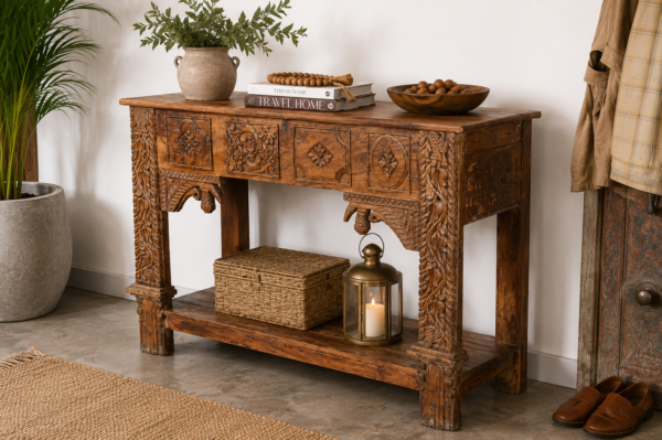 Hand Carved Wooden Console Table – Rustic Solid Wood Entryway, Hallway & Living Room Accent Table (54 x 37 x 19 Inches)