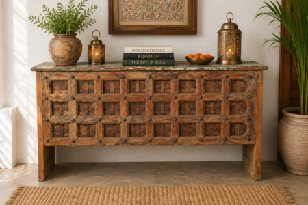 Handcrafted Vintage Reclaimed Wood Console Table with Rustic Distressed Finish for Entryway and Living Room