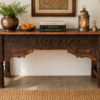 Hand Carved Solid Wood Console Table with Rustic Floral Carvings for Entryway and Living Room