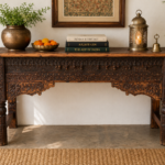 Hand Carved Solid Wood Console Table with Rustic Floral Carvings for Entryway and Living Room