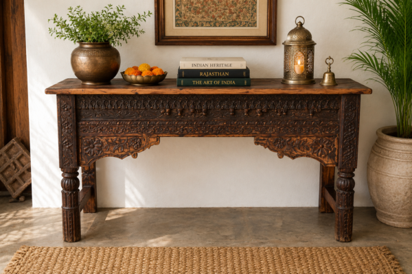 Hand Carved Solid Wood Console Table with Rustic Floral Carvings for Entryway and Living Room