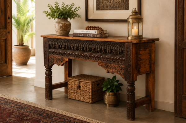 Hand Carved Solid Wood Console Table with Rustic Floral Carvings for Entryway and Living Room1