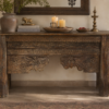 Hand Carved Wooden Console Table in Rustic Solid Wood with Floral Carvings for Entryway and Living Room