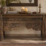 Hand Carved Wooden Console Table in Rustic Solid Wood with Floral Carvings for Entryway and Living Room