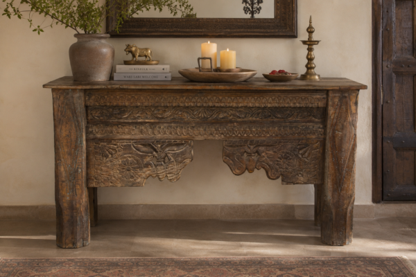 Hand Carved Wooden Console Table in Rustic Solid Wood with Floral Carvings for Entryway and Living Room