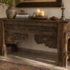 Hand Carved Wooden Console Table in Rustic Solid Wood with Floral Carvings for Entryway and Living Room1