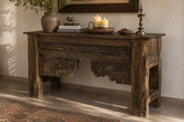 Hand Carved Wooden Console Table in Rustic Solid Wood with Floral Carvings for Entryway and Living Room1